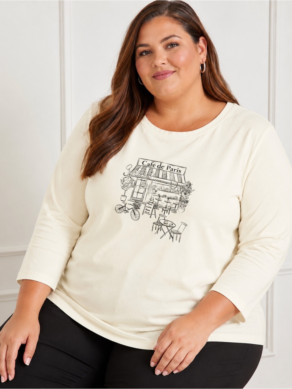 Talbots Cream Cafe Graphic 3/4 Sleeve Tee Plus Sz 1X